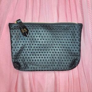NEW Ipsy makeup bag; black textured vinyl; gold accents; royal blue lining